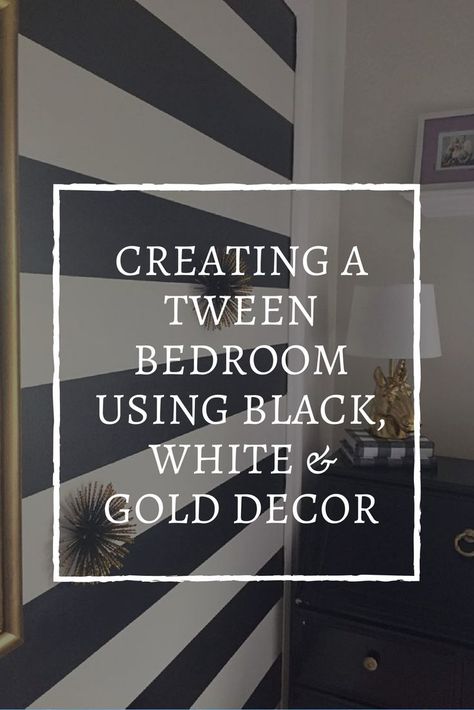 Black And White Teen Room, Black White Gold Room, Gold Teen Bedroom, Black White Gold Bedroom, Black And White Striped Wall, Black White And Gold Bedroom, Black White And Grey Bedroom, White Girls Bedroom, Pink Teen Girl Bedroom