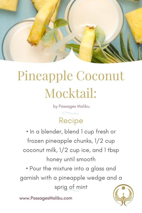 Nonalcoholic Pineapple Drinks, Coconut Mocktail Non Alcoholic, Pineapple Juice Mocktail Non Alcoholic, Pineapple Coconut Mocktail, Coconut Milk Mocktail Recipe, Coconut Mocktail Recipes, Coconut Water Mocktail Recipes, Tropical Mocktail Recipe, Mocktails Non Alcoholic Recipes