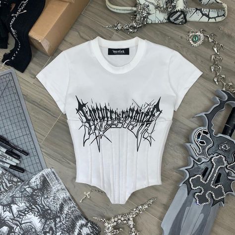 THE CORSET TEE Featuring an engineered screen print on a heavyweight cotton jersey and inner corset boning w/ back lacing. Pre-order now… | Instagram Corset Tee Shirt, White Tshirt Women, Gothic Crop Tops, E Girl Outfits, Egirl Outfits, Graphic Tee Style, Female Shorts, White Corset, Harajuku Streetwear