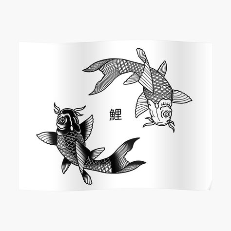 Yin And Yang Old School Koi Fish by sinyuchang | Redbubble Traditional Black Koi Fish Tattoo, Ying Yang Tattoo Traditional, Ting Yang Koi Fish Tattoo, American Traditional Koi Fish Tattoo, Old School Fish Tattoo, Traditional Koi Tattoo, Koi Fish Tattoo Ying Yang, Old School Japanese Tattoo, Koi Fish Tattoo Traditional