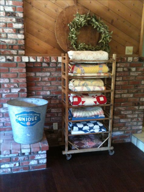 Antique wooden shoe rack~loaded with my Antique French and American Quilts Quilt Stands Wooden, Blanket Storage Ideas, Display Quilts, Quilt Racks, Quilt Hanging, Wooden Shoe Rack, Quilt Ladder, Quilt Room, Quilt Hangers