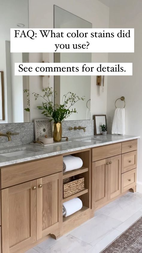 White Oak Wood Cabinets Kitchen, Teak Wood Bathroom Cabinets, Bathroom Vanity Stained Wood, Vanity Stain Colors, Bathroom Vanity Stain Colors, Bathroom Vanity Stained, Master Bath Stained Cabinets, Master Bath Remodel 2023, Stained Maple Bathroom Vanity