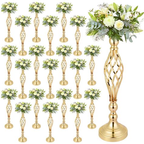 PRICES MAY VARY. Combination Includes: you will receive 30 gold flower stands with a base height of 20 inches, a base diameter of 5.5 inches, and a top opening diameter of 6 inches, candles and artificial flowers are not included. suitable for weddings, birthday parties, candlelit dinners, dining rooms, living rooms. Quality Material: flower stand is made of metal, golden surface, rust proof, durable, metal texture,elegant hollow twisted design add glitter shine to your parties. It is recommende Flower Stand Centerpiece, Green Quinceanera Theme, Decorations For Wedding, Christmas Dining Table Decor, Green Centerpieces, Gold Centerpieces, Christmas Dining Table, Quinceanera Themes, Centerpiece Wedding