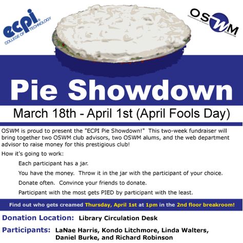 pie in the face fundraisers | ECPI Pie Showdown Pie A Teacher Fundraiser, Pie In The Face Fundraiser Ideas, Pie In The Face Fundraiser, Lifeguard Party, Cheer Fundraiser, Pie In The Face, Cheerleading Fundraiser, Pto Board, Fundraising Games