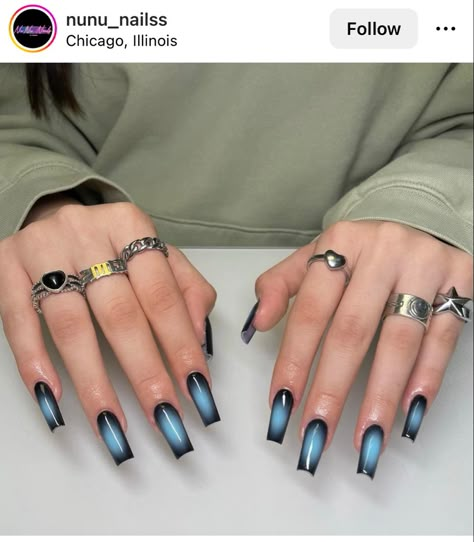 Air Brush Nail Design, Aura Blue Nails, Black And Blue Nails, Simple Nail Design, Aura Nails, Baby Blue Nails, Nail Art Pictures, Acrylic Nail Set, Hippie Nails