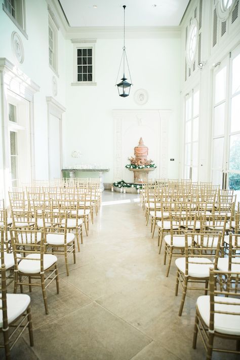 gold chiavari chairs, indoor wedding ceremony with fountain Gold Chairs Wedding Ceremony, Chairs Wedding Ceremony, Chiavari Chairs Wedding, Fountain Photography, Gold Chairs, Wedding Ceremony Chairs, Chivari Chairs, Gold Chiavari Chairs, Classic White Wedding