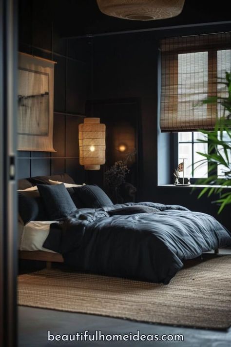 Let’s discover the beauty of black bedrooms, where elegance meets modernity and coziness. Black bedrooms aren’t just about darkness; they’re about creating a luxurious and inviting sanctuary within your home. In this post, we’ll explore various styles of black bedrooms that will inspire you to transform your space into a chic haven. From simple Scandinavian... Black Ceiling Bedroom, Moody Bedroom Design, All Black Bedroom, Bedroom With Desk, Black Bedroom Modern, Bamboo Bedroom, Scandinavian Bedroom Ideas, Black Bedrooms, Black Walls Bedroom