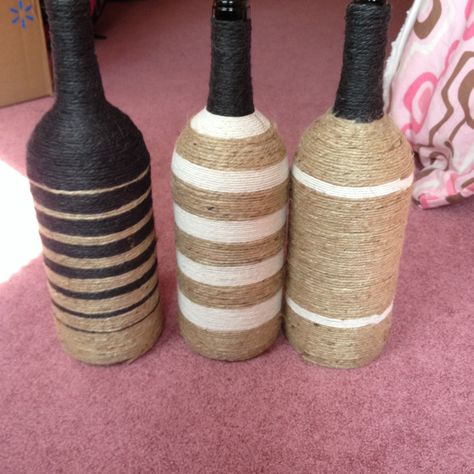 DIY wrapped wine bottles. Different color twine. Wrapped Wine Bottles, Wine Bottle Corks, Diy Wrap, Bottle Decor, Altered Bottles, Bottle Corks, Wine Bottle Decor, Wine Bottles, Twine