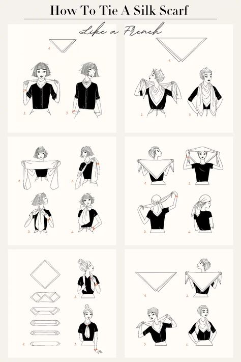 how to tie a silk scarf like a french woman Gentlewoman Style Outfits, How To Style Hermes Scarf, Silk Scarf Tie, Hermes Scarf How To Wear, How To Tie A Silk Scarf, How To Wear A Silk Scarf Outfits, Scarf On Handbag, Scarf French Style, French Scarf Style