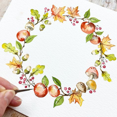 Paint an Autumn wreath with acorns, oak leaves, maple leaves, berries, apples and mushrooms in my brand new tutorial. Click the link to watch on youtube! #watercolour #autumn #watercolorarts Autumnal Watercolour Painting, Autumn Wreath Drawing, Autumn Watercolour Painting, Watercolour Autumn Leaves, Watercolour Acorn, Autumn Flowers Illustration, Autumn Flowers Drawing, Fall Wreath Painting, Autumnal Watercolour