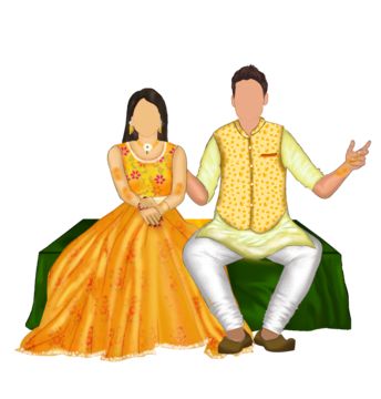 Haldi Illustration Couple, Haldi Caricature Couple, Haldi Couple Illustration, Mehendi Illustration, Haldi Caricature, Couple Lehenga, Haldi Couple, Groom Haldi, Cartoon Bride