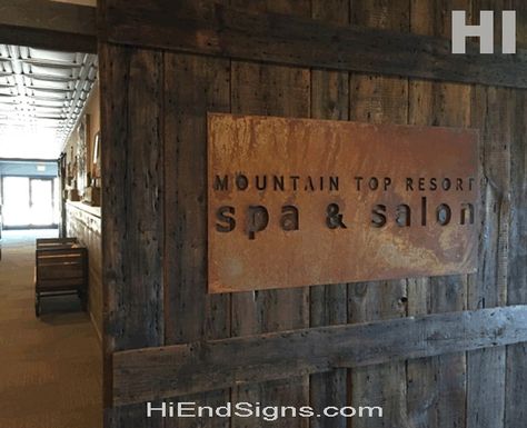 http://www.hiendsigns.com/uploads/images/Steel/HI-END-Signs-Rusty-Steel-Signs-Rusty-Metal-Signs-Corporate-Rusted-Steel-Signage-Rustic-Business-Lobby-Signs-Resort-Signage-Mountain-Top-Resort-Spa-and-Salon-High-End-Signs.gif Spa Signage, Resort Signage, Steel Signage, Nature Restaurant, Winery Signs, Rustic Salon, Industrial Signs, Rusted Steel, Sheet Metal Art