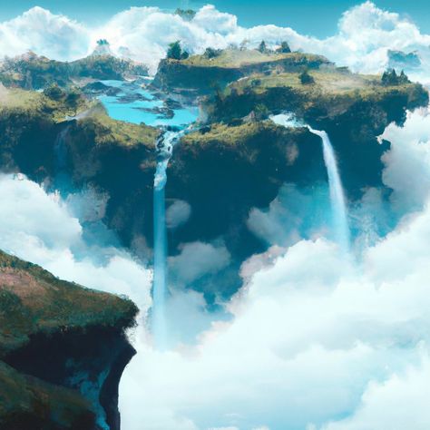 Sky Island Aesthetic, Tears Of The Kingdom Sky Islands, Fantasy Sky Island, Sky Kingdom Aesthetic, Floating Land Fantasy Art, Water World Fantasy Art, Floating Island Landscape, Zelda Totk Sky Island, Sky Kingdom Fantasy Art