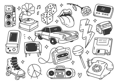 Premium Vector | Hand drawn vintage stuff doodles vector illustration Retro Doodle Art, Retro Doodles, Vintage Doodles, Groups Poster, Hand Drawn Vector Illustrations, Vintage Drawing, Sketchbook Art, Bullet Journal Doodles, Vintage Stuff