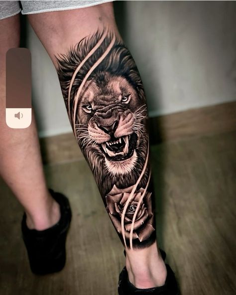 Leg Tattoo Men Color, Men’s Tattoo Ideas Leg, Lion Tattoo On Leg, Tattoo Pierna Hombre, Lion Leg Tattoo, Unforgettable Tattoo, Tato Geisha, Calf Sleeve Tattoo, Lion Tattoo On Thigh