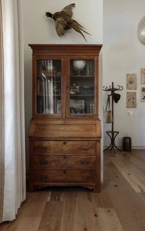 Secretary Desk In Dining Room, Entryway Desk Ideas Foyers, Desk In Entryway, Secretary Desk Makeover, Wildflower Home, Secretary Desk With Hutch, Vintage Secretary Desk, Antique Secretary Desks, Cottage Vibes