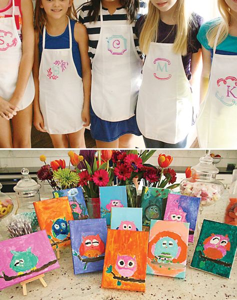 DIY monogrammed aprons and kid's homemade owl paintings Teal Ombre Cake, Rainbow Watercolor Painting, Cake With Rainbow, Kids Art Party, Owl Paintings, Kids Painting Party, Nursery Painting, Monogrammed Apron, Owl Birthday Parties