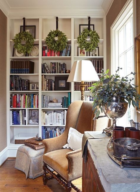 These bookshelves and comfy chair create a peaceful space for reading. Small Home Libraries, Interior Design Per La Casa, Home Library Design, Home Libraries, Design Del Prodotto, Natural Home Decor, Cool Ideas, Comfy Chairs, Trendy Home