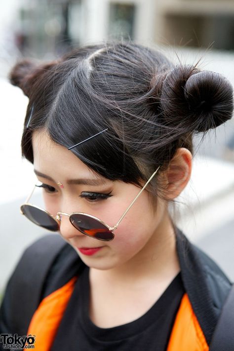 Cool Harajuku girl! | tokyofashion.com Odango Hairstyle, Garter Leggings, Harajuku Girl, Two Buns, Honey Bun, Harajuku Girls, Hair For Women, Performance Costume, Girls In Mini Skirts