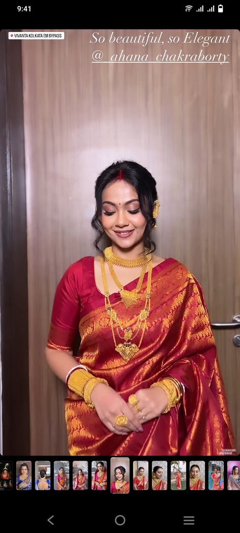 Golden Saree For Wedding, Reception Bengali Bride, Bengali Bride Saree, Bengali Bride Traditional Look, Bengali Reception Bridal Look, Bengali Bride Reception Look, Jewellery Stack, Golden Saree, Bengali Bridal Makeup