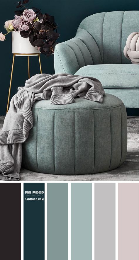 Sage And Emerald Living Room, Conservatory Colours Scheme, Home Colour Theme, Matching Colour With Grey, Grey Combo Colour Schemes, Lounge Color Schemes, Calming Colours For Living Room, Ocean Themed Living Room Ideas, Pastel Living Room Ideas Colour Palettes