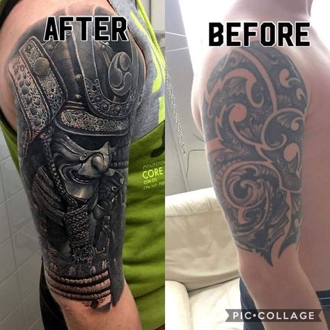 Cover Up Tattoos For Men Arm Sleeve, Cover Up Tattoos For Men Arm, Shoulder Cover Up Tattoos, Tattoo Sleeve Cover Up, Forearm Cover Up Tattoos, Cover Up Tattoos For Men, Tatuaje Cover Up, Samurai Tattoo Sleeve, Best Cover Up Tattoos