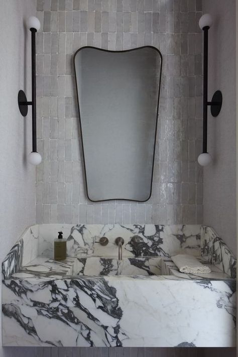 Water Mill — Josh Greene Design Floating Marble Vanity, Moroccan Wall Tiles, Vanity With Backsplash, Marble Bathroom Designs, Midcentury Architecture, Beautiful Bathroom Designs, Moroccan Wall, Water Mill, Marble Vanity