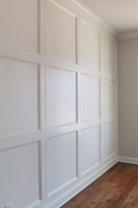 Wainscot Bedroom Wall, Board And Batten Tray Ceiling, White Panel Wall Bedroom, Square Moulding On Walls, Square Paneled Wall, Grid Molding Accent Wall, Judges Paneling Living Room, Square Wainscoting Wall, Board And Batten Photo Wall