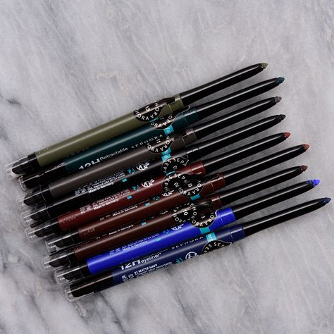 Sephora 12HR Retractable Eyeliner Pencil is a new, twist-up eyeliner that is available in shimmer and matte finishes. A lot of them are sold out online now--there were two sold out when I purchased a few weeks ago shortly after launching--but they may be more readily available in stores. They will also be restocked at some point! Here are swatches... Sephora Eyeliner, Retractable Eyeliner, How To Match Foundation, Sparkly Eyes, Best Eyeliner, Bite Beauty, Eyeliner Pencil, Sephora Collection, Editorial Makeup