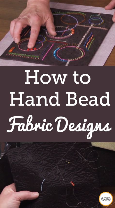 Simple Beaded Embroidery On Fabric, Sewing Seed Beads On Fabric, How To Add Beads To Embroidery, Simple Beading Ideas, How To Hand Bead Fabric, Bugle Bead Embroidery, How To Bead Fabric, Hand Beading Tutorial, How To Do Bead Work On Fabric