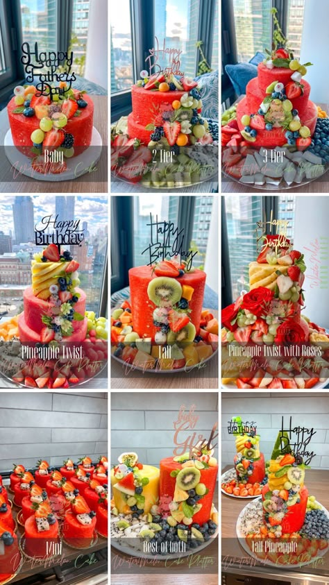 Cake Made Of Fruit, Watermelon Cake Birthday, Fruit Tower, Fruit Birthday Cake, Fruit Buffet, Fruit Cake Design, Fresh Fruit Cake, Fruit Platter Designs, Fruity Cake