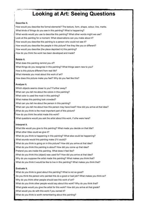 Blooms Taxonomy for Reading Art (Made by Miss Allem) Art Critique Words, Art Critique Worksheet, Analysing Art, Analyze Art, Artist Analysis, Art Questions, Art Assessment, Art Rubric, Art Analysis