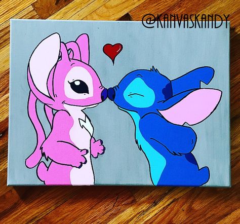 Stitch And Angel Canvas Painting, Stitch Couple Painting, Stitch And Angel Painting Canvases Easy, Lilo And Stitch Painting Canvases, Stitch And Angel Painting, Stitch Acrylic Painting, Lilo And Stitch Painting, Stitch Canvas Painting, Angel From Lilo And Stitch