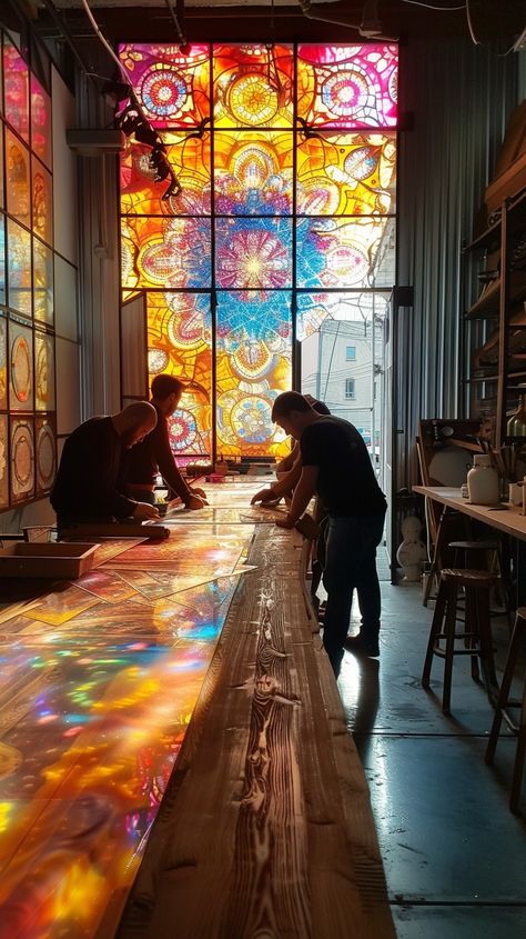 Stained Glass Glow: People gathering by a wooden table illuminated by the vibrant colors of a stained glass window. #stained #glass #window #colorful #artistic #people #gathering #wooden #aiart #aiphoto #stockcake https://ayr.app/l/JeGL Stained Glass Artist, Stained Glass Reflection, Glass On Glass Mosaic Window, Stained Glass Bar, Fairy Apothecary, Tangled Design, Stained Glass Furniture, Stained Glass Garden Art, Irl References