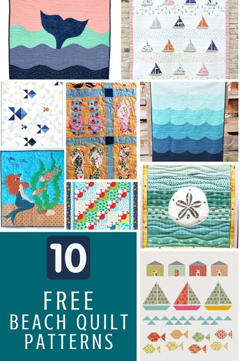 10 Free Beach-y Quilts - Sewing With Scraps Pencil Pouch Pattern, Sewing With Scraps, Beach Themed Quilts, Ocean Waves Quilt, Themed Quilts, Scarf Sewing Pattern, Ocean Quilt, Fabric Flower Bouquet, Beach Quilt