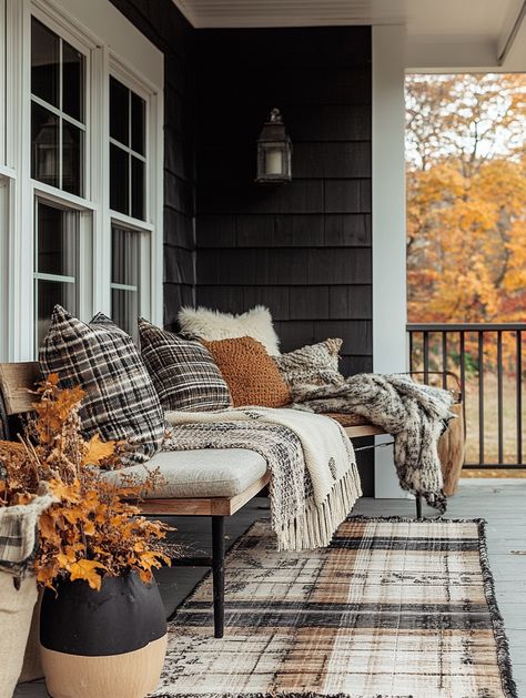 u1942658271_Generate_an_image_of_a_layered_fall_porch_setup.__3e7be732-7a33-4a65-9955-e6f9782fe557_1 Hanging Bats Front Porch, Pottery Barn Front Porch, 3 Seasons Porch Ideas, Cozy Front Porch, Fall Porch Ideas, Fall Front Steps, 3 Season Porch Ideas, Dark Grey Houses, Front Porch Seating