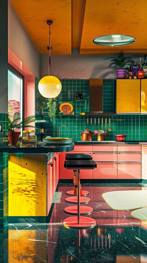 Revisiting Retro: Exploring the Enduring Appeal of Vintage Kitchens — Living Bright Interiors #DecorTips #Eclectic #Charm #Eclectic #Embracing #Kitchens #Your #InteriorInspo #into #an #HomeStyle #Oasis #Transforming #Apartment Retro Diner Dining Room, Mid Century Bright Eclectic, Retro Colorful Aesthetic, Gen Z Kitchen, Interior Design 60s, 70s Interior Design Mid Century Modern, Bright Home Interior, Retro Maximalism, 70s Interior Design Retro