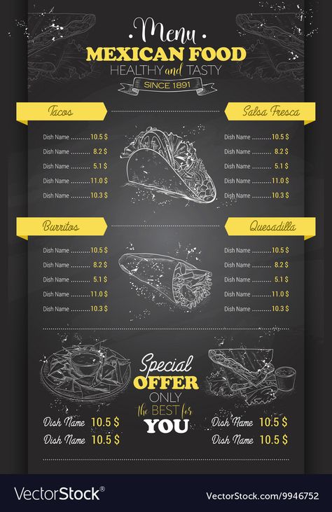 Mexican Food Menu Design, Pizza Menu Design, Mexican Food Menu, Tacos Menu, Blackboard Menu, Mexican Restaurant Decor, Menu Design Layout, Mexican Menu, Food Truck Menu