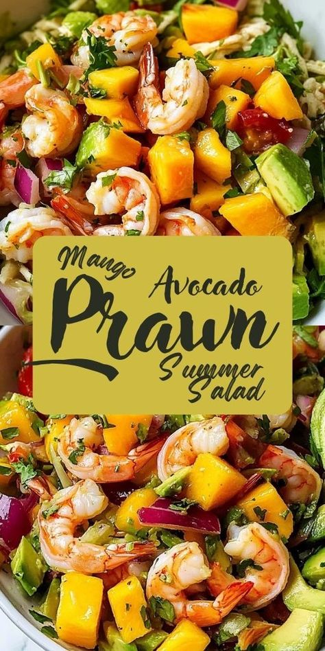 Prawn Mango Avocado Summer Salad Ingredients: 500g cooked prawns, peeled and deveined 1 large ripe mango, peeled and diced 1 avocado, peeled and diced 1 small red onion, finely sliced 1 cucumber, halved and thinly sliced 1/2 cup fresh coriander leaves 1/4 cup fresh mint leaves 1 red chili, finely sliced (optional) 1/4 cup roasted peanuts, roughly chopped Dressing: 2 tbsp lime juice 1 tbsp fish sauce 1 tbsp rice vinegar 1 tsp sugar 1 tbsp sesame oil #Prawn #Mango #Avocado #Summer #Salad Prawn Mango Salad, Mango Salad Dressing, Baked Shrimp Recipes, Prawn Salad, Ripe Mango, Mango Avocado, Shrimp Recipes For Dinner, Shrimp Recipes Easy, Mango Recipes