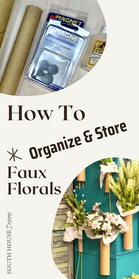 Easy and Cheap Trick to store all your faux Flowers. Now they are readily accessible to you and you can see them all. Now, all your stems will be in one spot, you'll know what you have to work with, be inspired to create. That wreath, or tablescape or vignette will be done before you know it and none of the "where-are-they?" frustration. #organizing #floralstemstorage #magneticstorage #floralstems #fauxfloral #flowerarranging #southhousedesigns #organization How To Store Faux Greenery, How To Store Floral Stems, Storing Faux Flowers, How To Organize Silk Flowers, How To Store Fake Flowers In Craft Room, Storage For Fake Flowers, How To Store Fake Flowers, Faux Floral Storage, How To Store Artificial Flowers