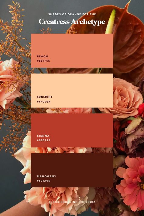 Love this fall/ autumn inspired color palette with deep, muted shades of orange? You might be a Creatress Brand Archetype!  Take the Brand Archetype quiz that has helped over 15K women get greater brand clarity and make deeper connections with their brands.    Colors used:  Peach: #E87F5E Sunlight: #FFCD9F Sienna: #B83A29 Mahogany: #521A0D Apricot Color Palette Colour Schemes, Autumn Palette Colors, Apricot Color Palette, Shades Of Orange Color, Autumn Colors Palette, Brand Clarity, Peach Color Palette, Orange Color Shades, Fall Color Palettes