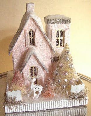 pink beauty Puts Houses, Pink Wonderland, Christmas Orniments, Cardboard Houses, Glitter House, Christmas Houses, Glitter Bottle, Shabby Christmas, Tree Dress