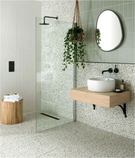 Green Tile - Bathroom Installations | Centsational Style Green Terrazzo Bathroom, Olive Bathroom, Olive Green Bathroom, Green Terrazzo Floor, Olive Green Bathrooms, Green Shower Tile, Centsational Style, Outdoor Tiles Floor, Terrazzo Bathroom