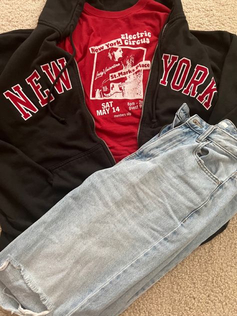 New York Hoodie Outfit, John Galt Outfits, New York Zip Up Hoodie, Circus Shirts, 90s Boyfriend, Sweatshirt Outfit, John Galt, Light Blue Jeans, Hoodie Outfit