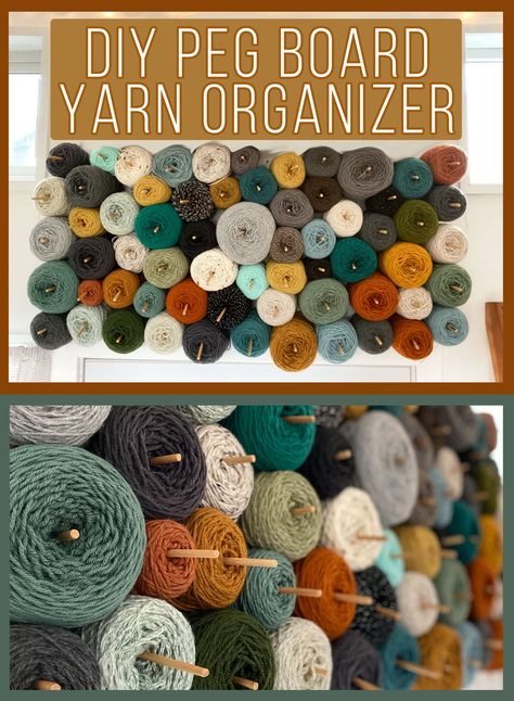 Yarn Wall Organization, Yarn Ball Storage Ideas, Craft Room Yarn Storage, Peg Board Yarn Wall, Cheap Yarn Storage Ideas, Small Crochet Room Decor, Tights Storage Ideas, Creative Yarn Storage, Creative Yarn Storage Ideas