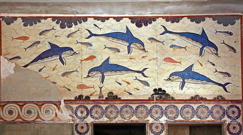 The Dolphin fresco from Knossos Knossos Palace, Minoan Art, Ancient Greek Art, Greek History, Art Antique, Greek Art, A4 Poster, Bronze Age, Ancient Cultures