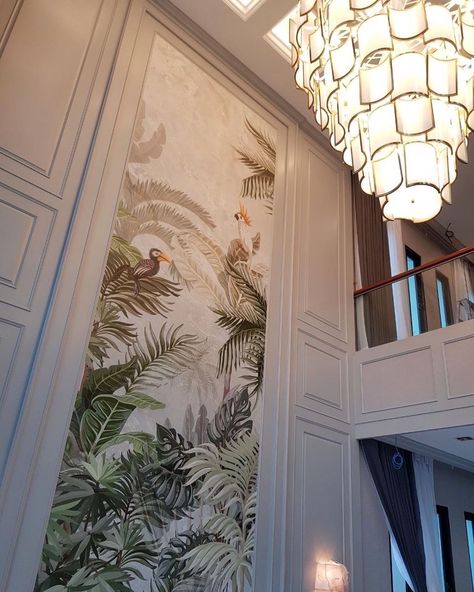 Jungle Wallpaper Stairs, Staircase Wall Wallpaper Ideas, Tropical Wall Art Living Room, Wallpaper For Double Height Wall, Double Height Accent Wall, Accent Walls High Ceilings, Double Height Wall Decor, Wallpaper Stairs Wall, High Ceiling Wall Design