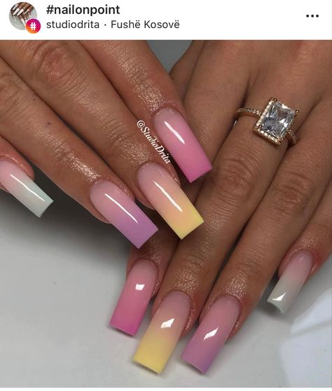 Ombré Nails Ombre Acrilyc Nails, Ombre Nails Spring Color Combos, Ombre Nail Designs For Black Women, Ombre Different Color Nails, Three Color Ombre Nails, Ombré Nails Color, Colorful Ombré Nails, Ombré Spring Nails, Spring Ombré Nails