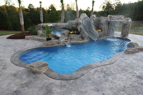 Underground pool with slide Underground Pools Backyard, Underground Pool Ideas Backyards, House Pools, Vinyl Pools Inground, Viking Pools, Underground Pool, Small Inground Pool, Pool Kits, Backyard Dreams