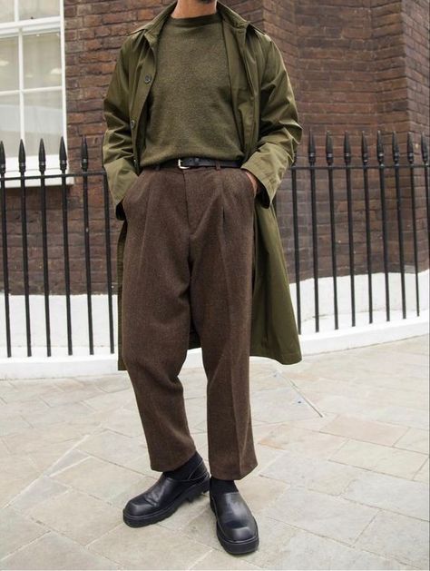 Green And Brown Outfit Men, Olive Green And Brown Outfit, Brown Outfit Men, Mens Cottagecore, Earth Tone Outfits Men, Green And Brown Outfit, Queer Fashion Guys, Olive Green Outfit, Fashion Guys